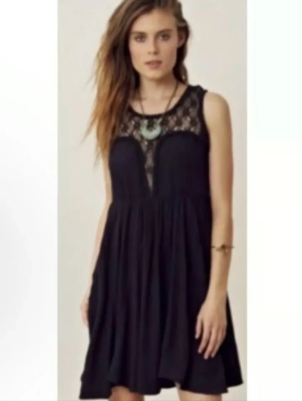 Free People Black Lace Yoke Sleeveless Mini Dress